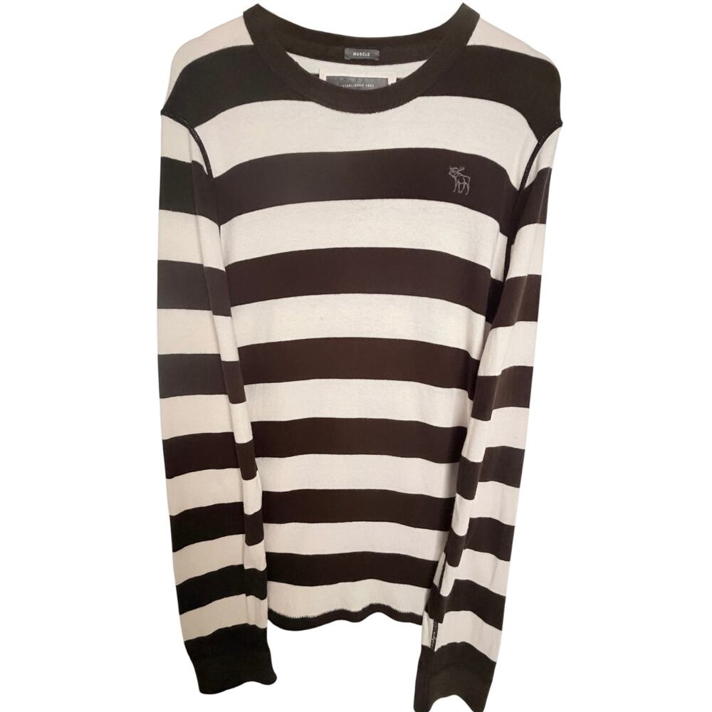 Abercrombie & Fitch Men's XL Brown Cream Striped Muscle Long Sleeve Shirt